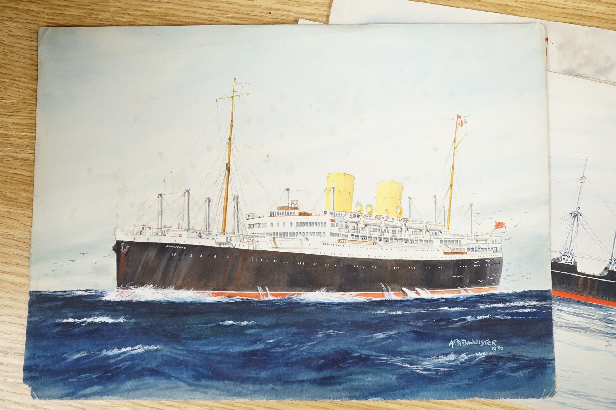 A F D Bannister, set of six original watercolours for postcard designs, Ocean going vessels to include Otranto, Orient Line, Highland Monarch Royal Mail Line and Arandora Star Blue Star Line, each with original pencil in